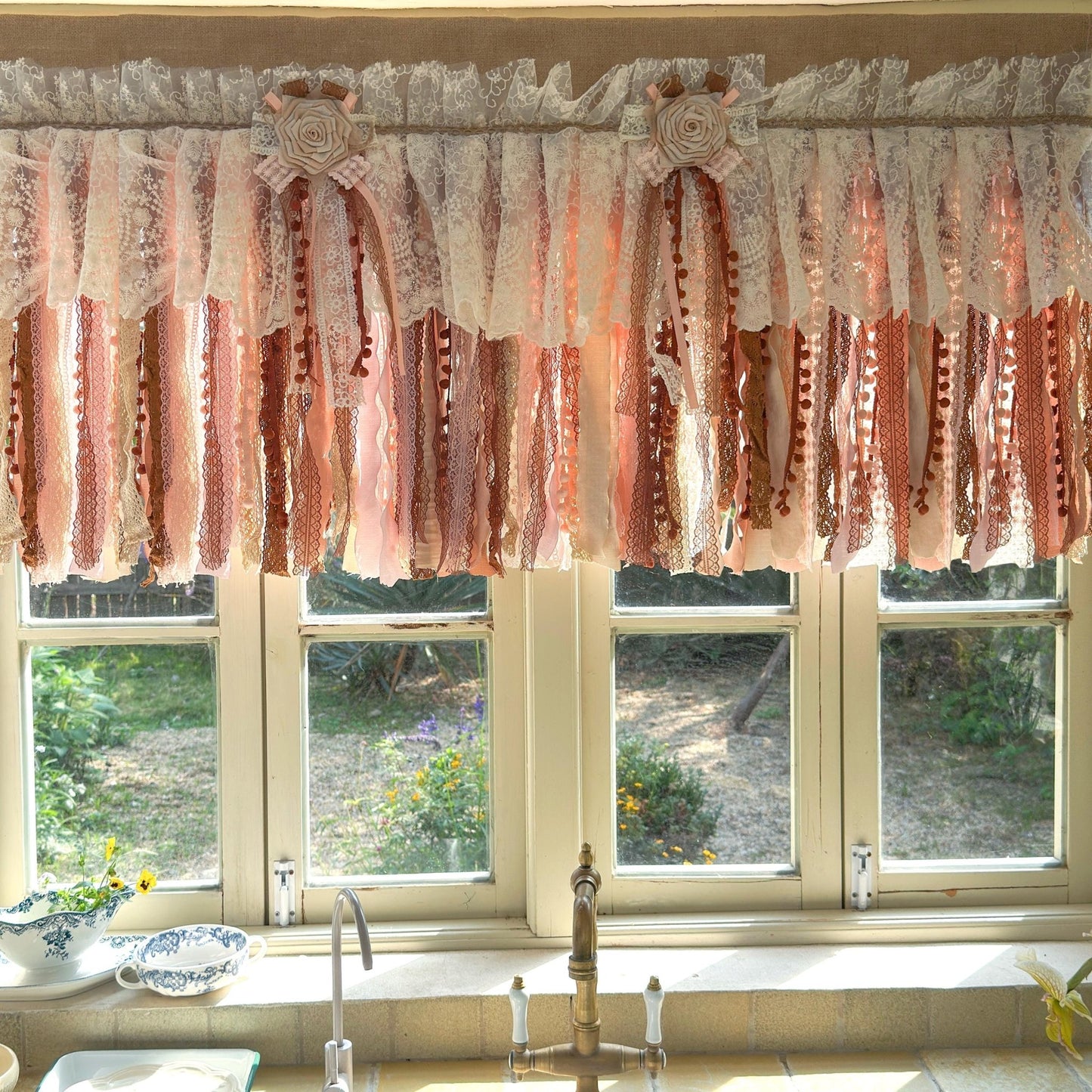 Rustic Unique Burlap Beige Brown Pink Lace Window Valance - UDreamHome