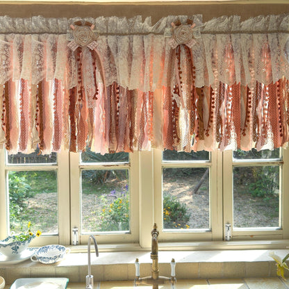 Rustic Unique Burlap Beige Brown Pink Lace Window Valance - UDreamHome