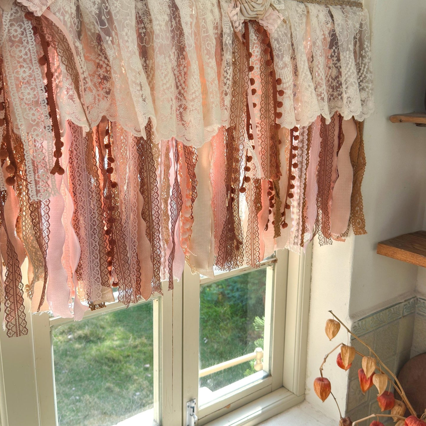 Rustic Unique Burlap Beige Brown Pink Lace Window Valance - UDreamHome