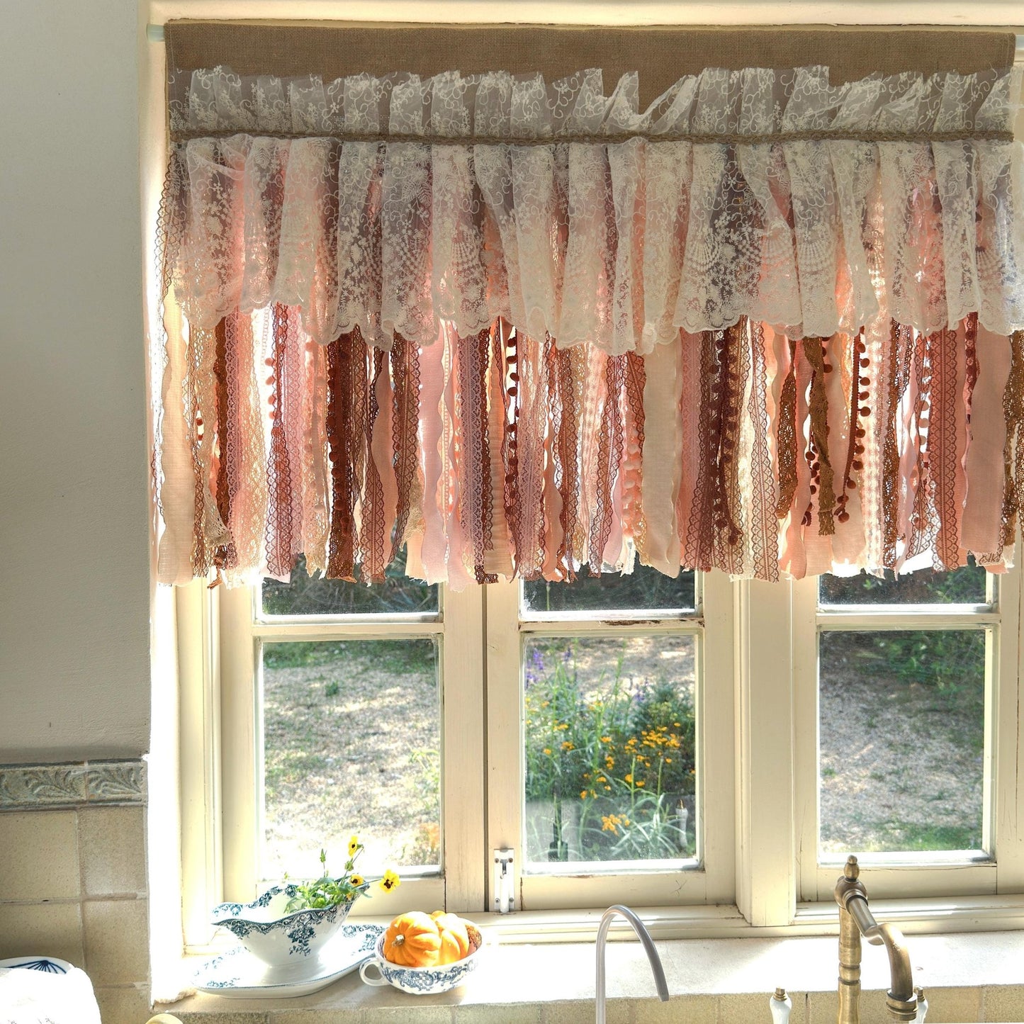 Rustic Unique Burlap Beige Brown Pink Lace Window Valance - UDreamHome