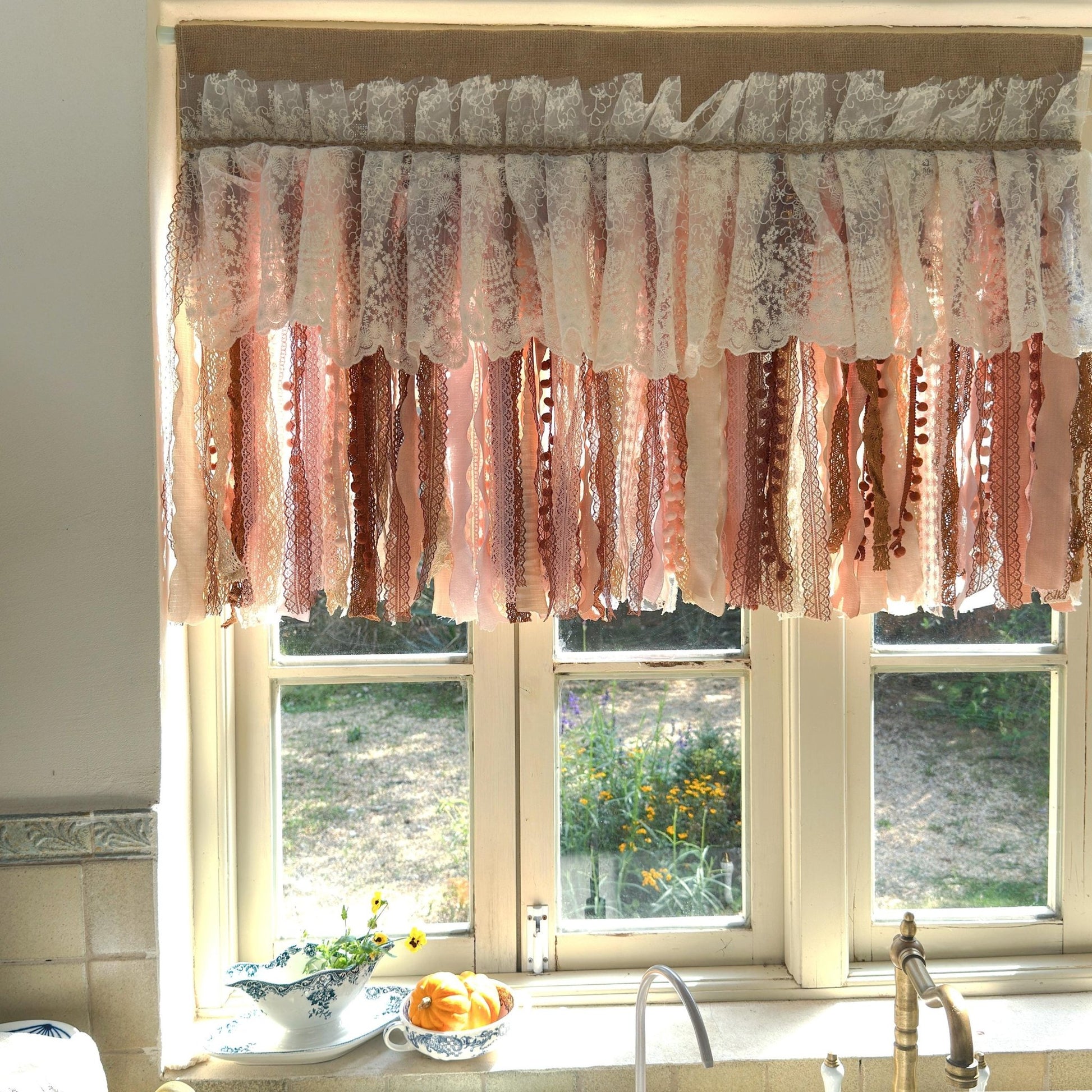 Rustic Unique Burlap Beige Brown Pink Lace Window Valance - UDreamHome