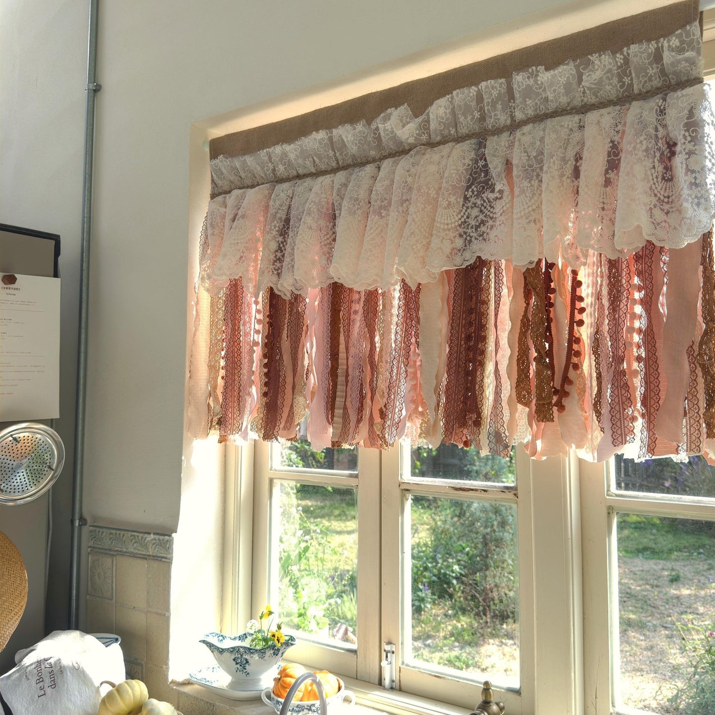 Rustic Unique Burlap Beige Brown Pink Lace Window Valance - UDreamHome