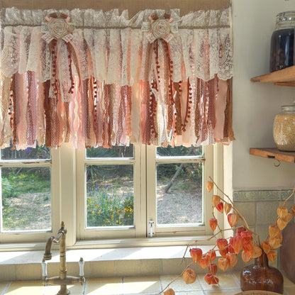Rustic Unique Burlap Beige Brown Pink Lace Window Valance - UDreamHome