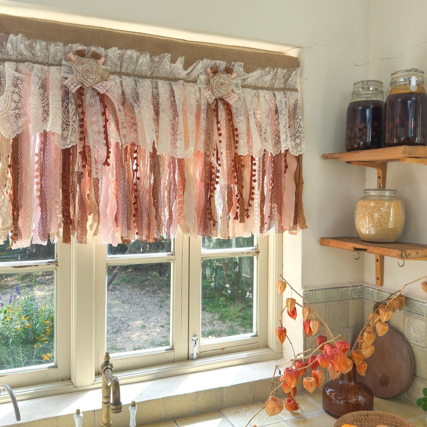 Rustic Unique Burlap Beige Brown Pink Lace Window Valance - UDreamHome