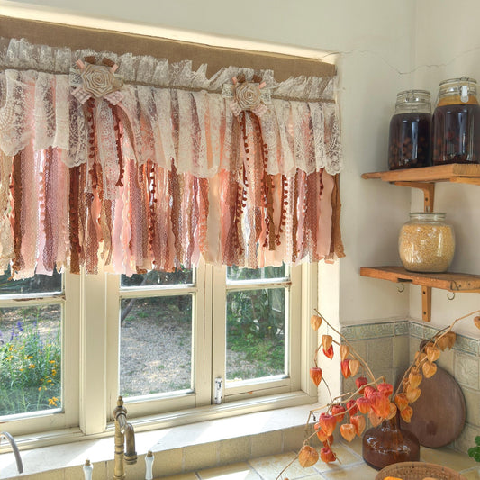 Rustic Unique Burlap Beige Brown Pink Lace Window Valance - UDreamHome