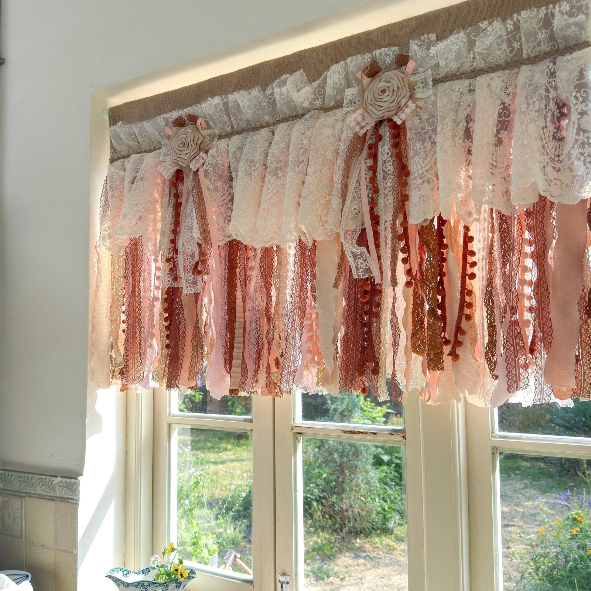 Rustic Unique Burlap Beige Brown Pink Lace Window Valance - UDreamHome