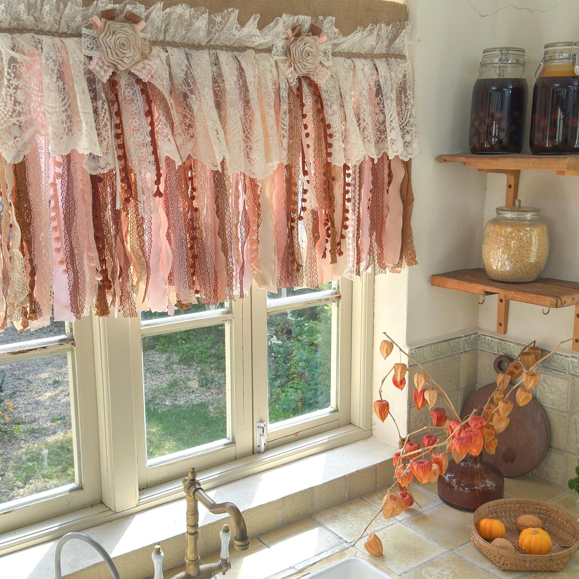 Rustic Unique Burlap Beige Brown Pink Lace Window Valance - UDreamHome