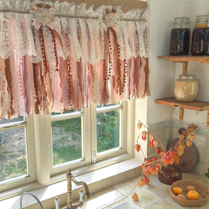 Rustic Unique Burlap Beige Brown Pink Lace Window Valance - UDreamHome