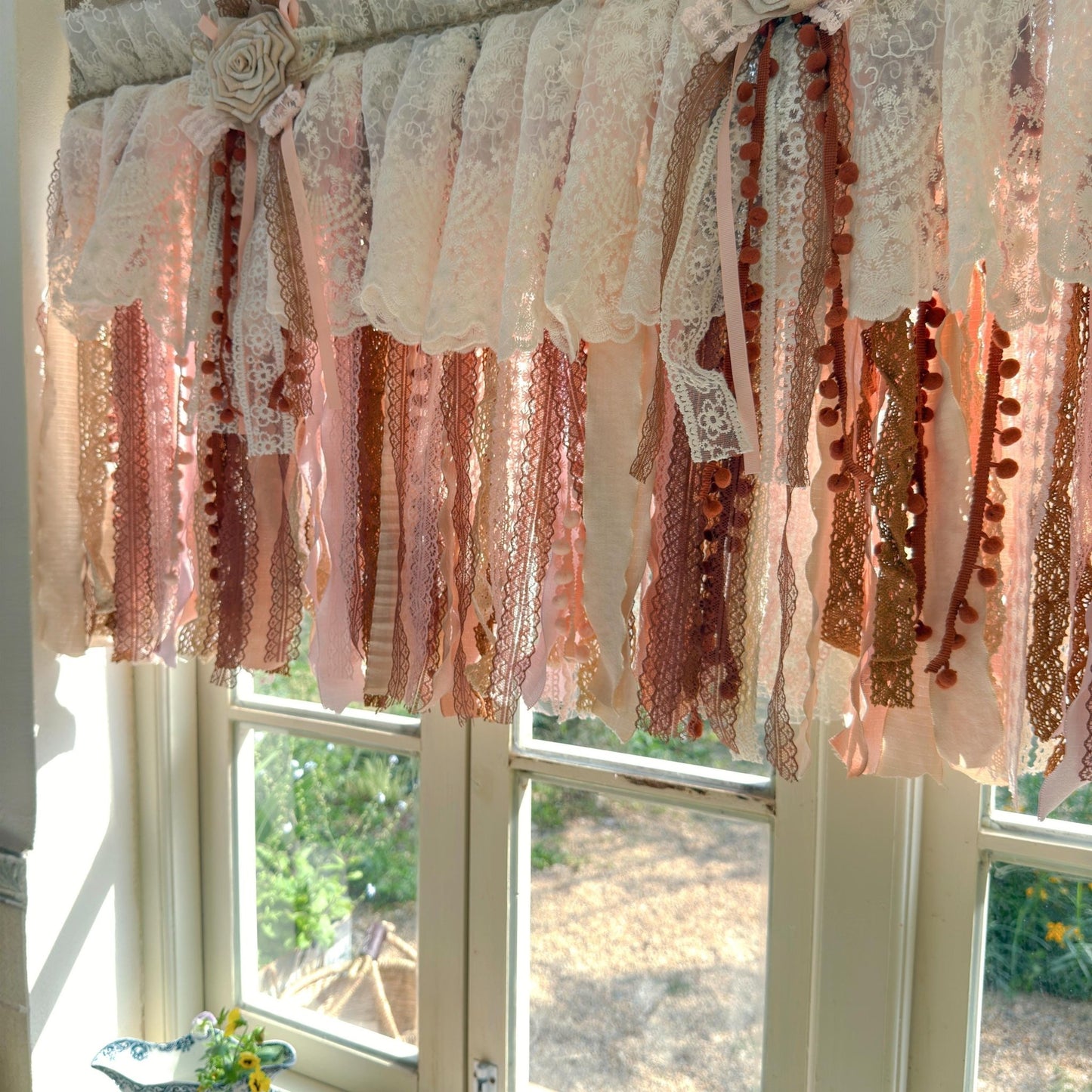 Rustic Unique Burlap Beige Brown Pink Lace Window Valance - UDreamHome