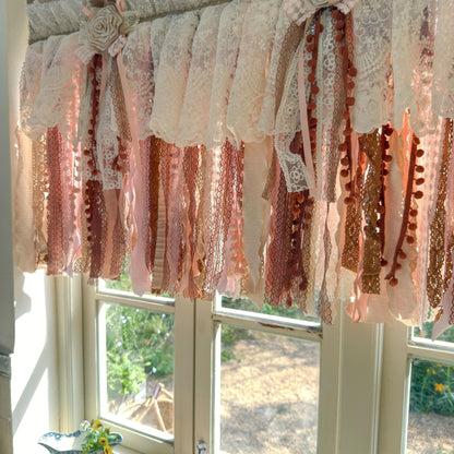 Rustic Unique Burlap Beige Brown Pink Lace Window Valance - UDreamHome