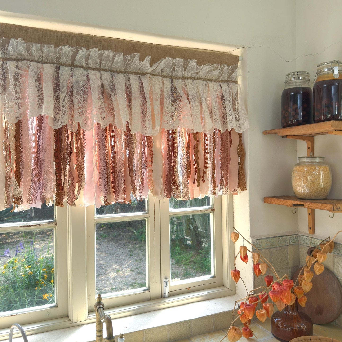 Rustic Unique Burlap Beige Brown Pink Lace Window Valance - UDreamHome