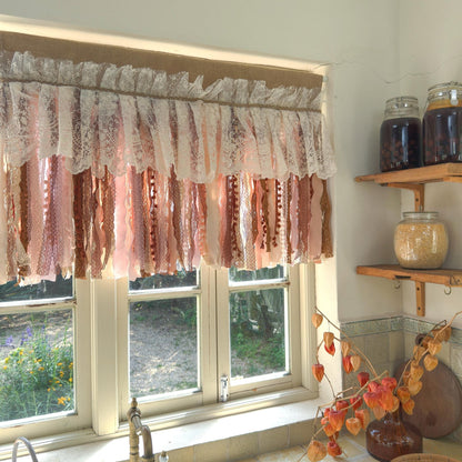 Rustic Unique Burlap Beige Brown Pink Lace Window Valance - UDreamHome