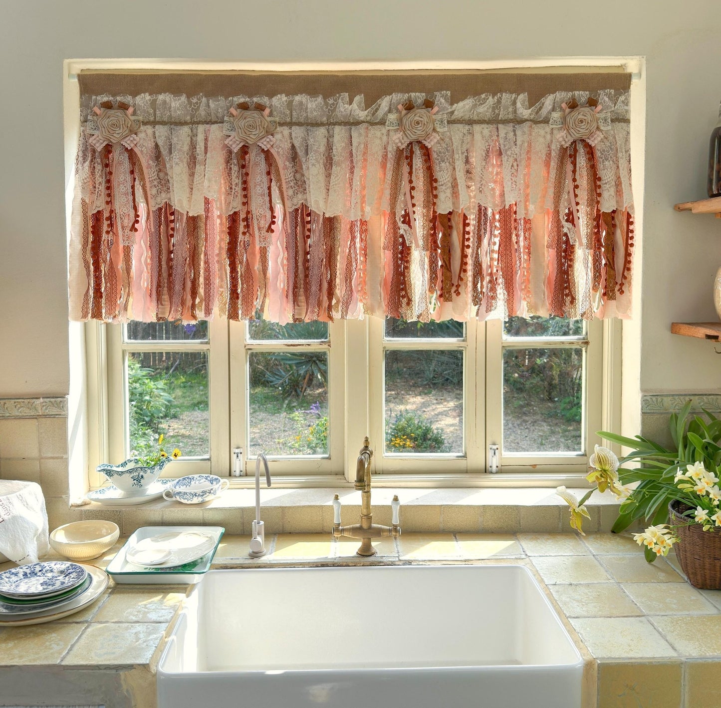 Rustic Unique Burlap Beige Brown Pink Lace Window Valance - UDreamHome