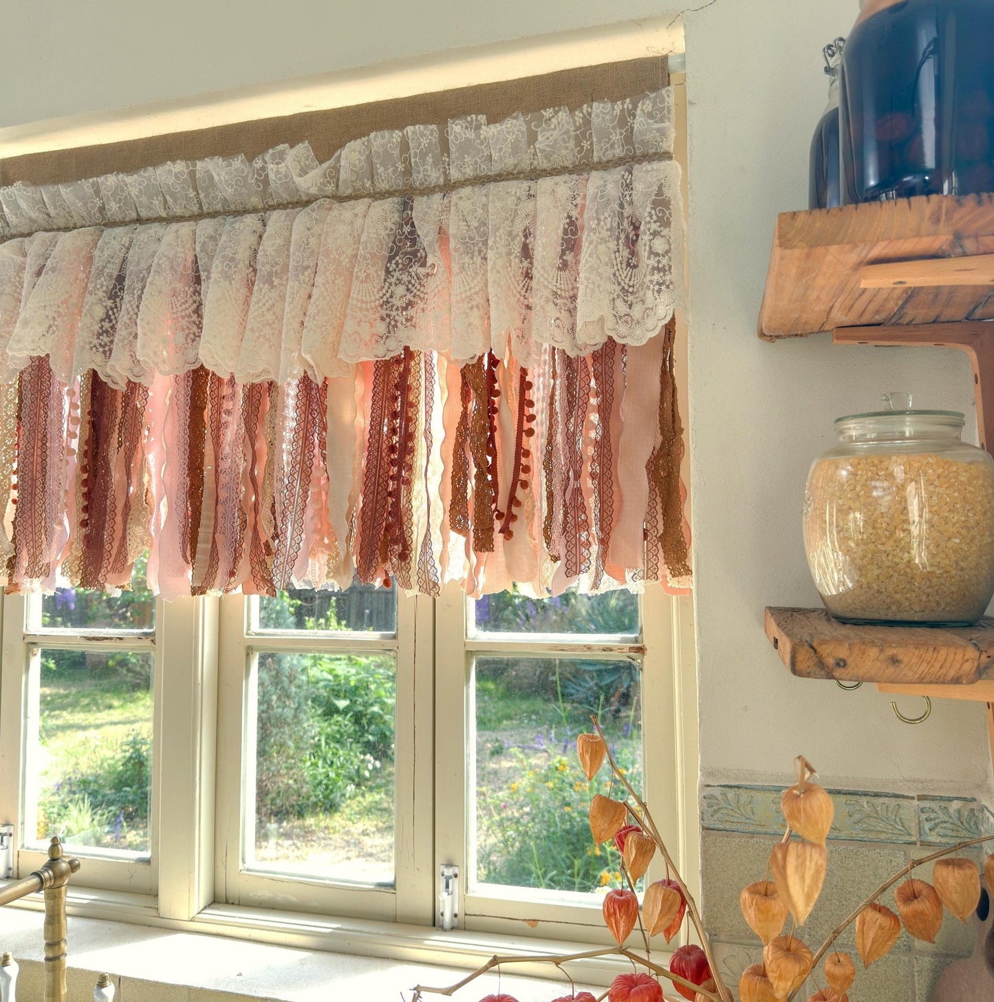 Rustic Unique Burlap Beige Brown Pink Lace Window Valance - UDreamHome