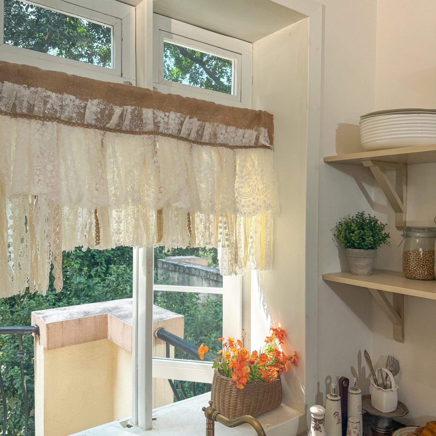 Rustic Unique Burlap Beige ivory Lace Valance - UDreamHome