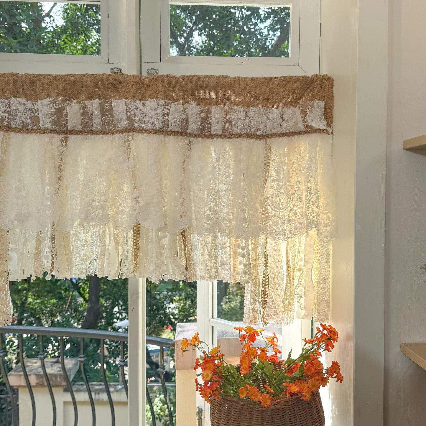 Rustic Unique Burlap Beige ivory Lace Valance - UDreamHome