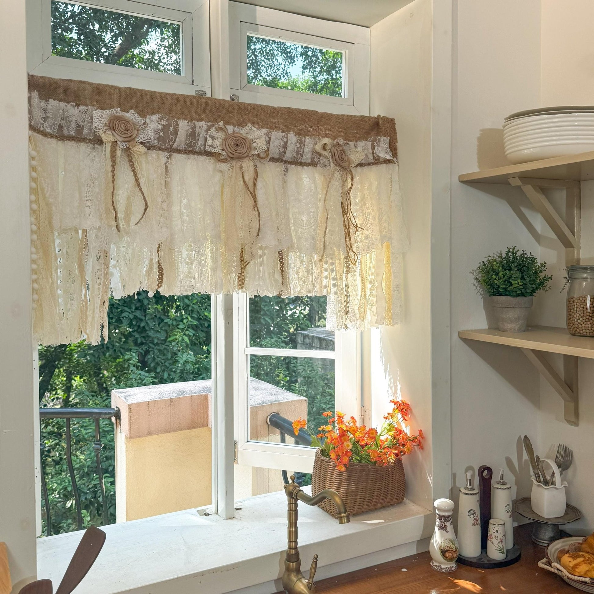 Rustic Unique Burlap Beige ivory Lace Valance - UDreamHome