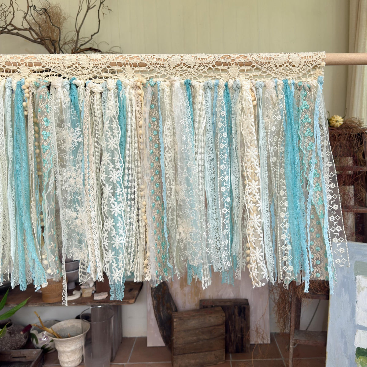 Sage Blue Green Tones Shabby Chic Lace Window Valance - UDreamHome