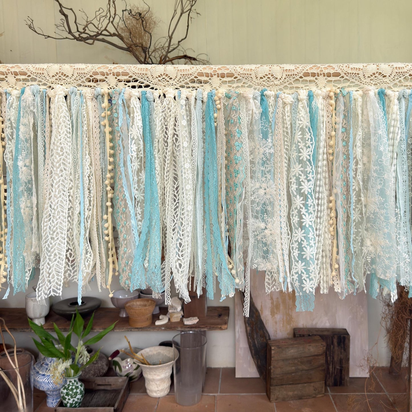 Sage Blue Green Tones Shabby Chic Lace Window Valance - UDreamHome