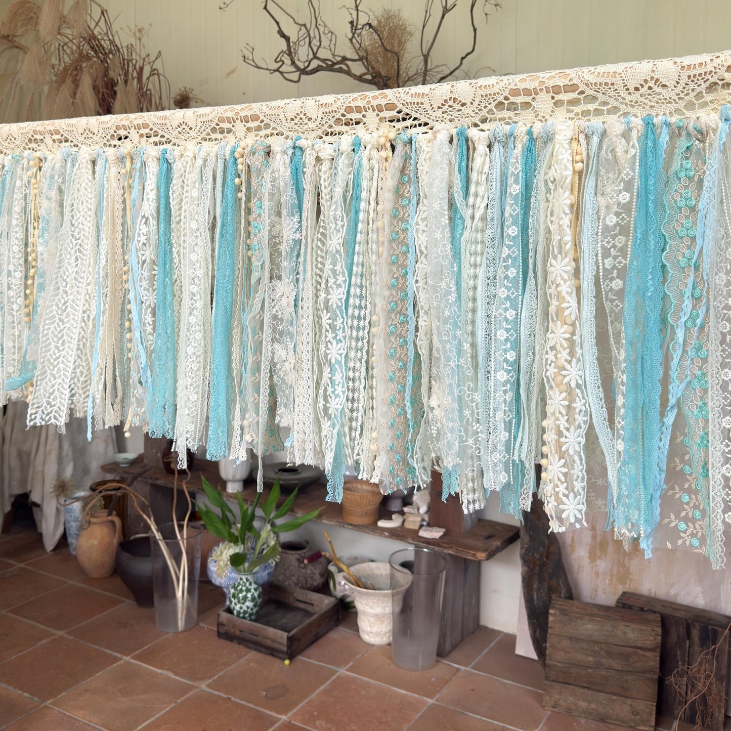 Sage Blue Green Tones Shabby Chic Lace Window Valance - UDreamHome