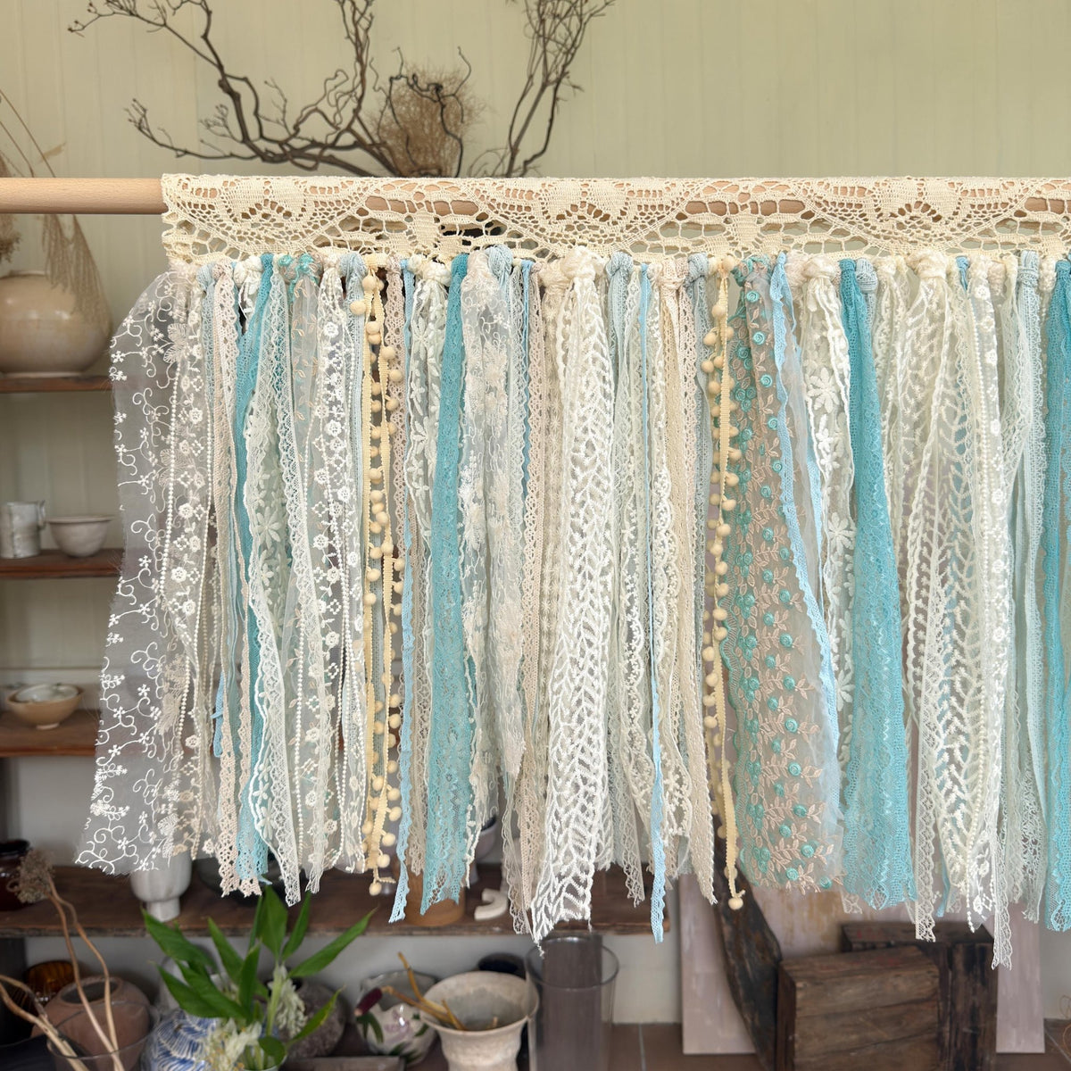 Sage Blue Green Tones Shabby Chic Lace Window Valance - UDreamHome