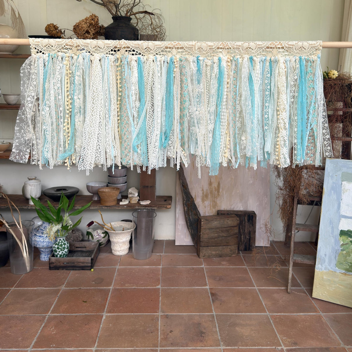 Sage Blue Green Tones Shabby Chic Lace Window Valance - UDreamHome