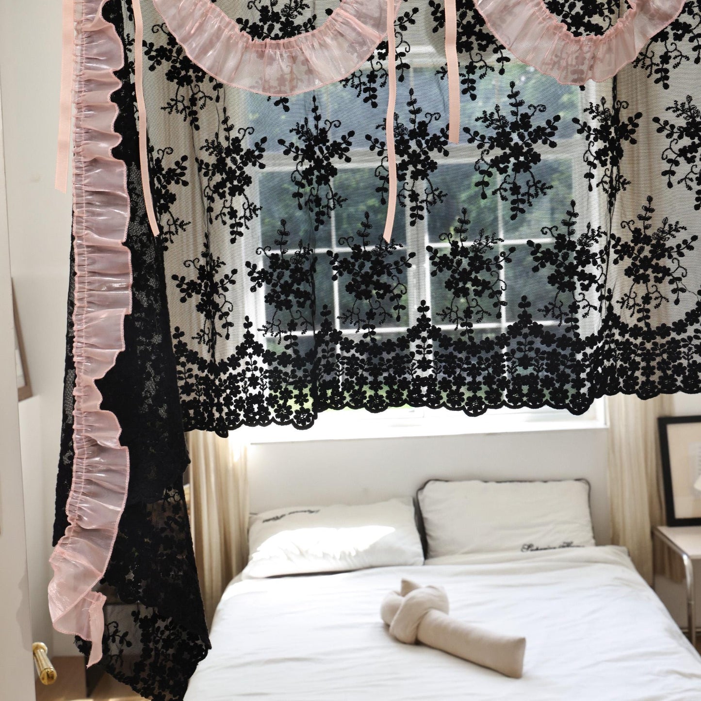 Shabby Chic Black & Pink Lace Curtains - UDreamHome