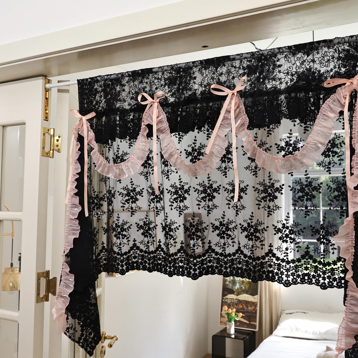 Shabby Chic Black & Pink Lace Curtains - UDreamHome