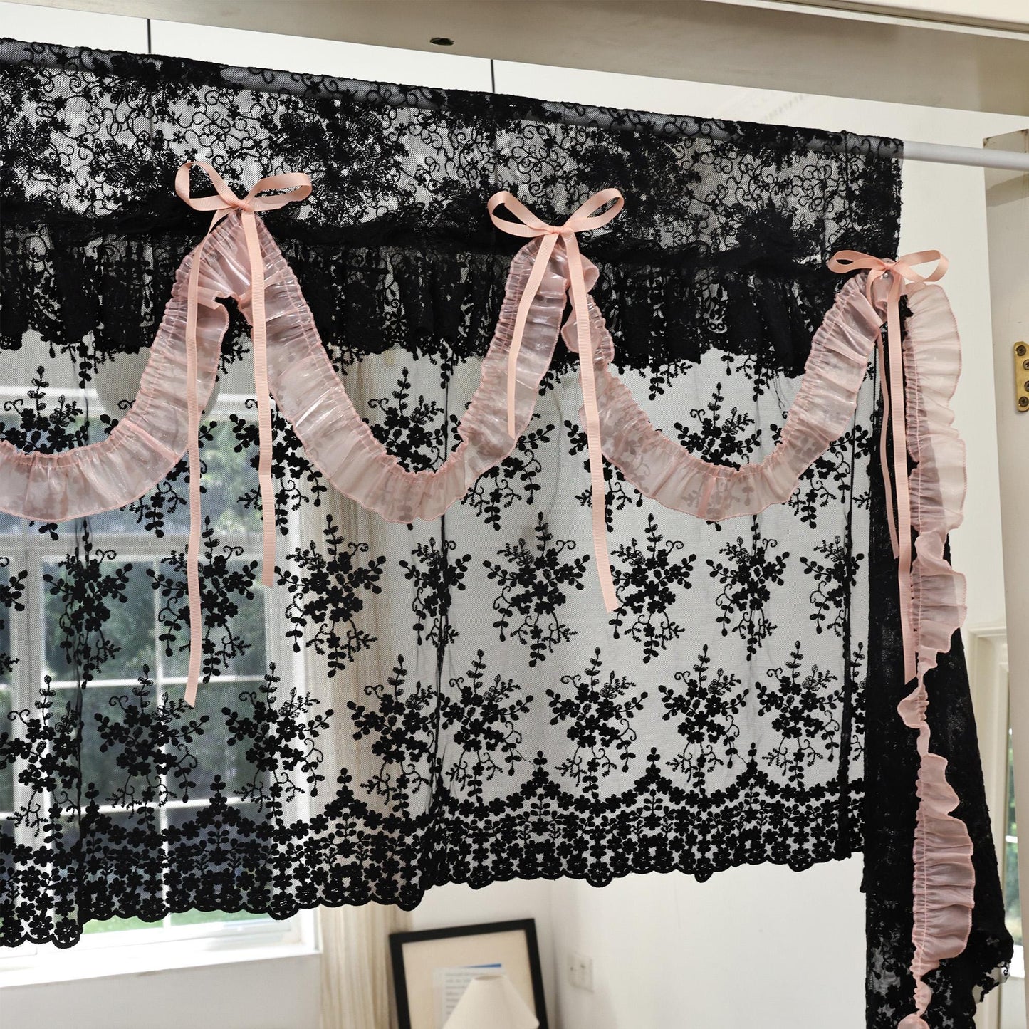 Shabby Chic Black & Pink Lace Curtains - UDreamHome