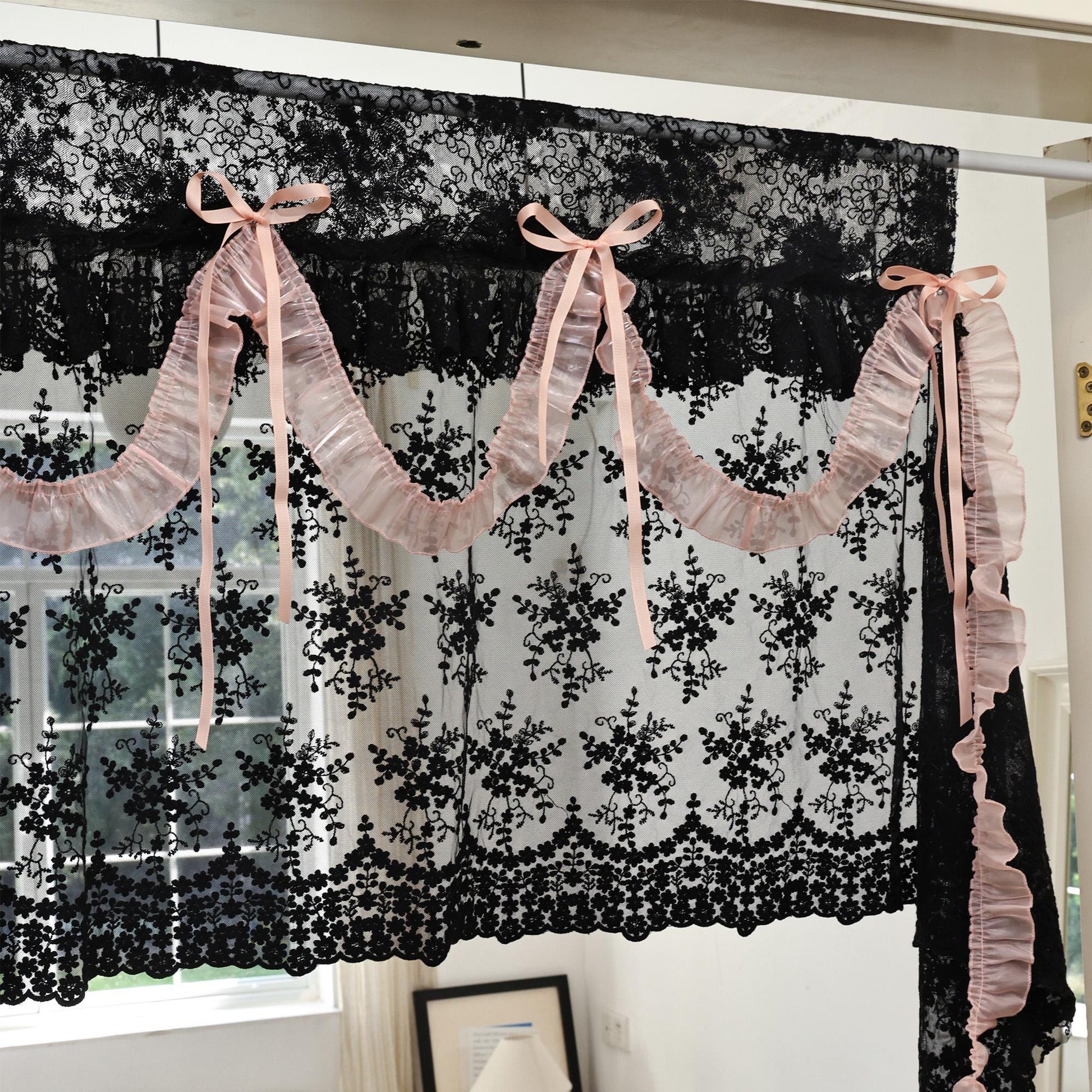 Shabby Chic Black & Pink Lace Curtains - UDreamHome