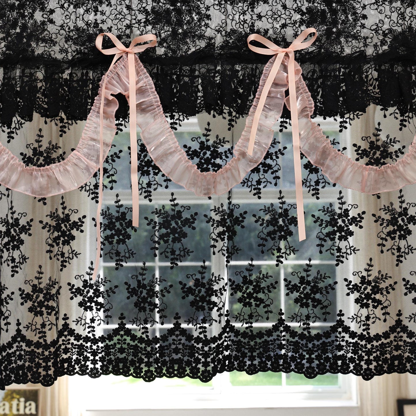 Shabby Chic Black & Pink Lace Curtains - UDreamHome