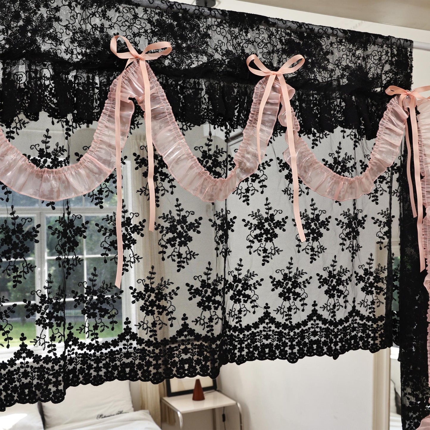 Shabby Chic Black & Pink Lace Curtains - UDreamHome