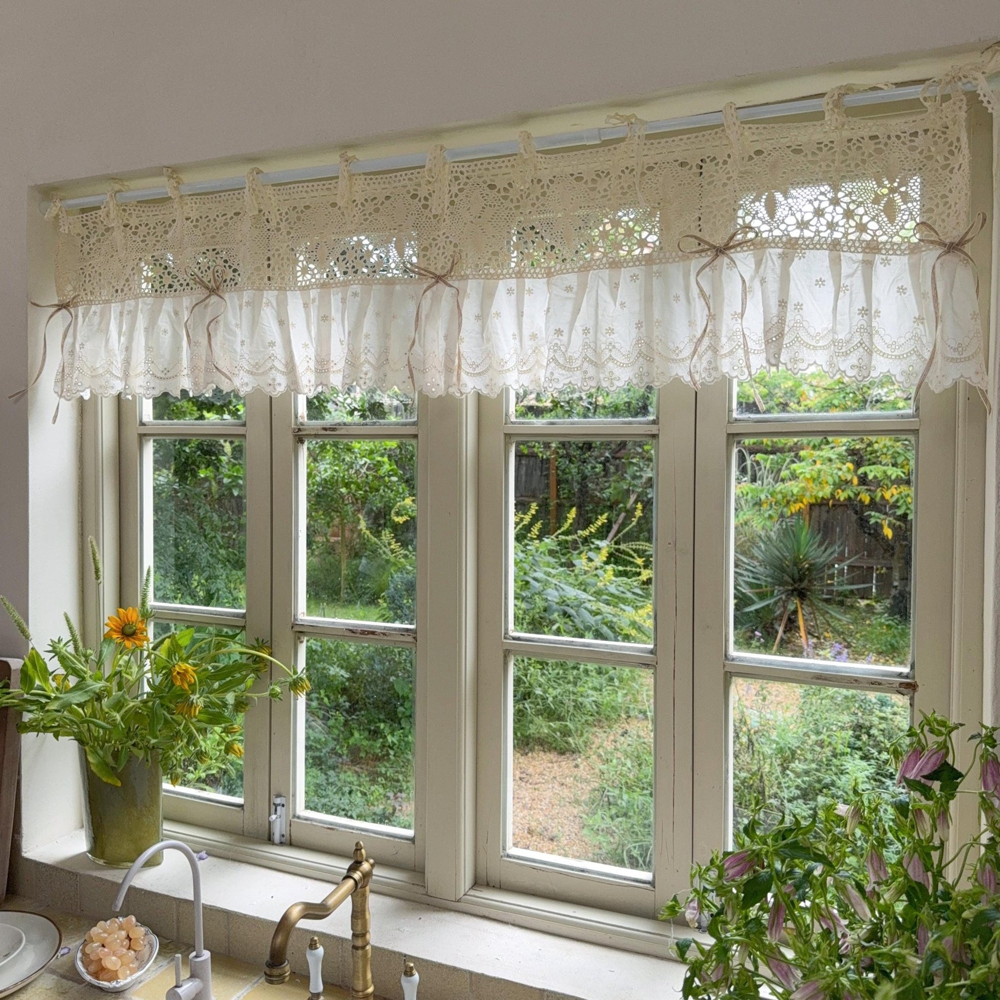 Shabby Chic Lace Tie Top Beige Crochet Valance - UDreamHome