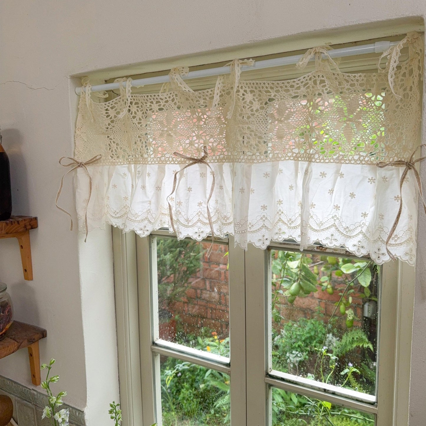 Shabby Chic Lace Tie Top Beige Crochet Valance - UDreamHome
