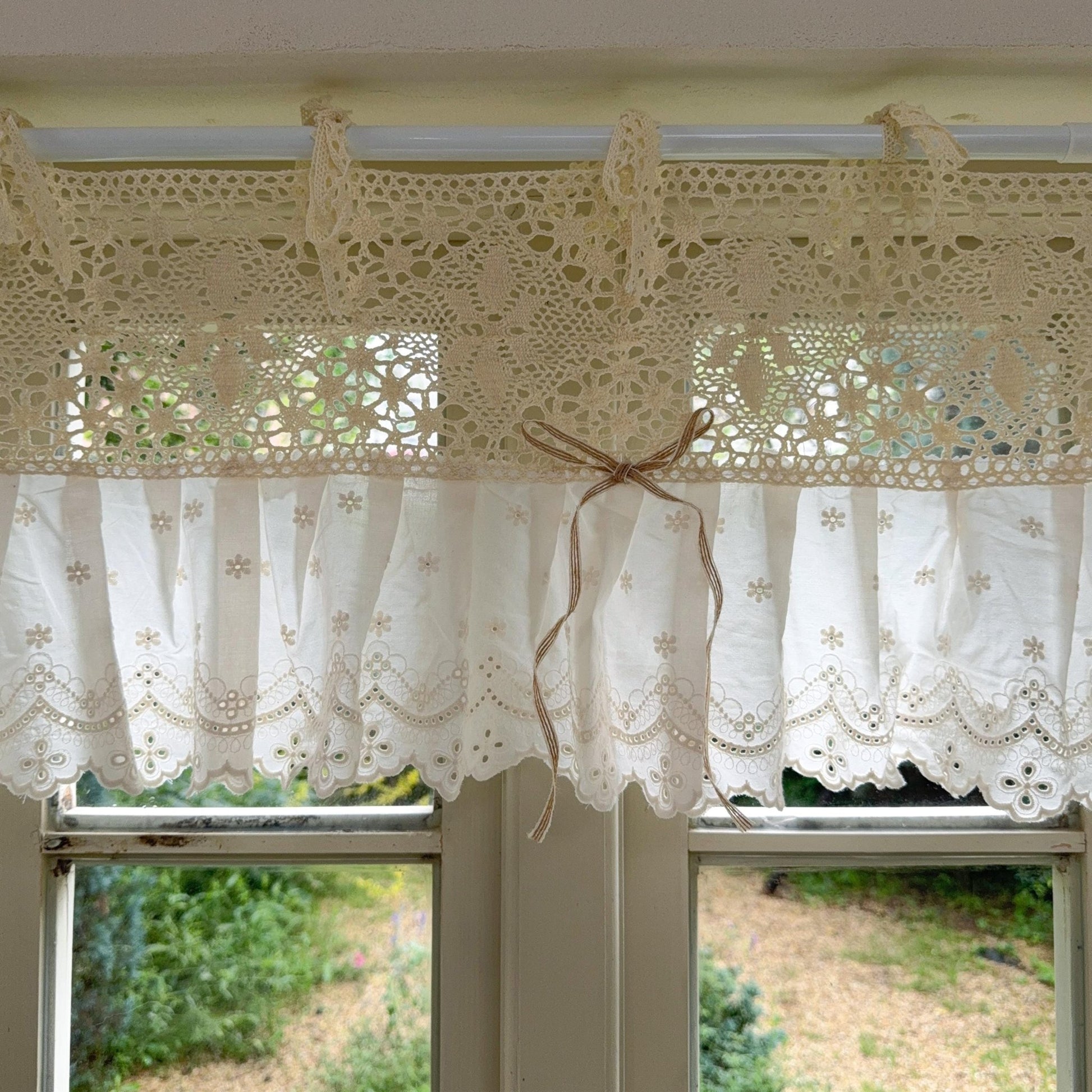 Shabby Chic Lace Tie Top Beige Crochet Valance - UDreamHome