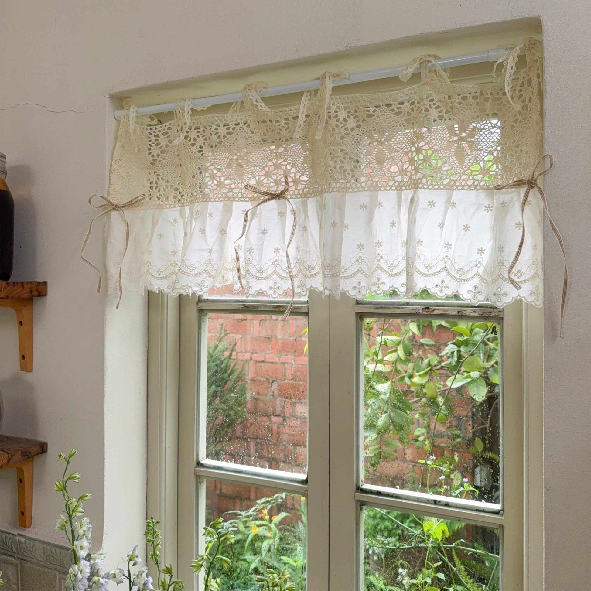 Shabby Chic Lace Tie Top Beige Crochet Valance - UDreamHome