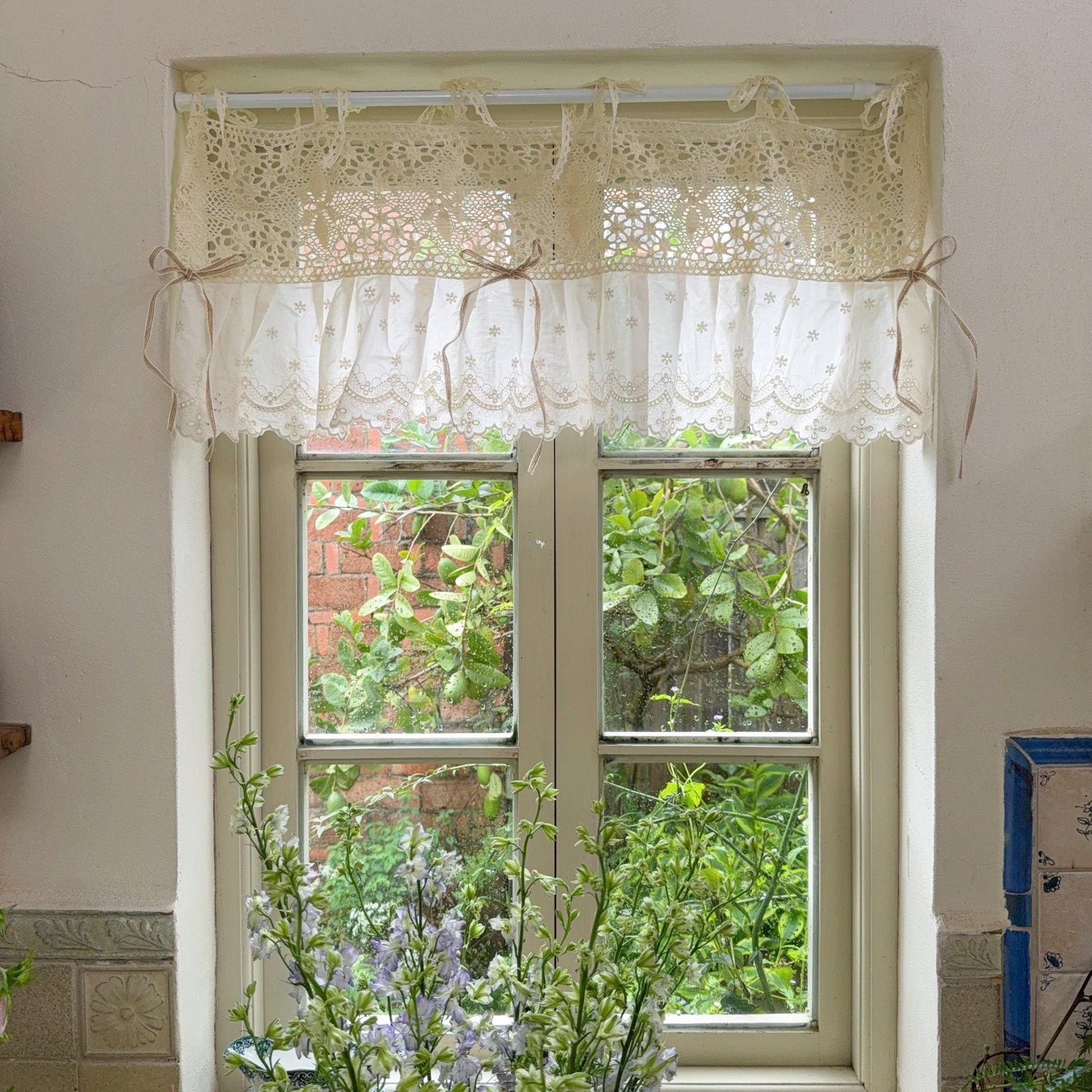 Shabby Chic Lace Tie Top Beige Crochet Valance - UDreamHome