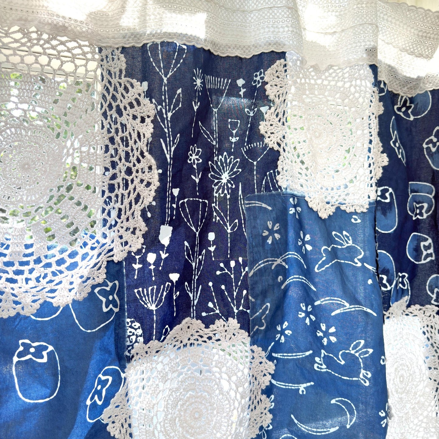Shabby Chic Tie - dye Blue White Patchwork Lace Curtain - UDreamHome