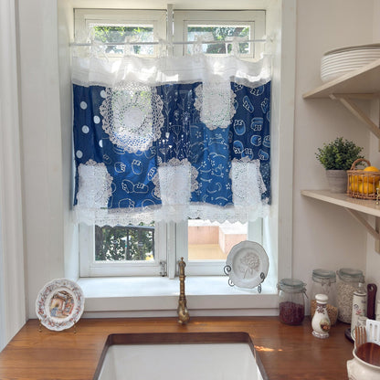 Shabby Chic Tie - dye Blue White Patchwork Lace Curtain - UDreamHome