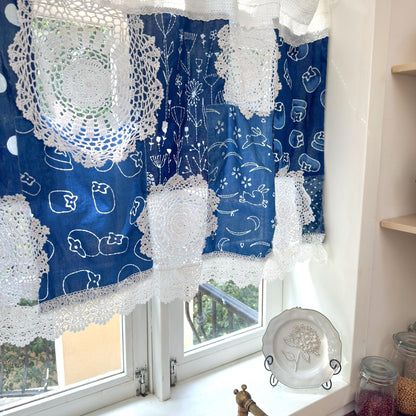 Shabby Chic Tie - dye Blue White Patchwork Lace Curtain - UDreamHome