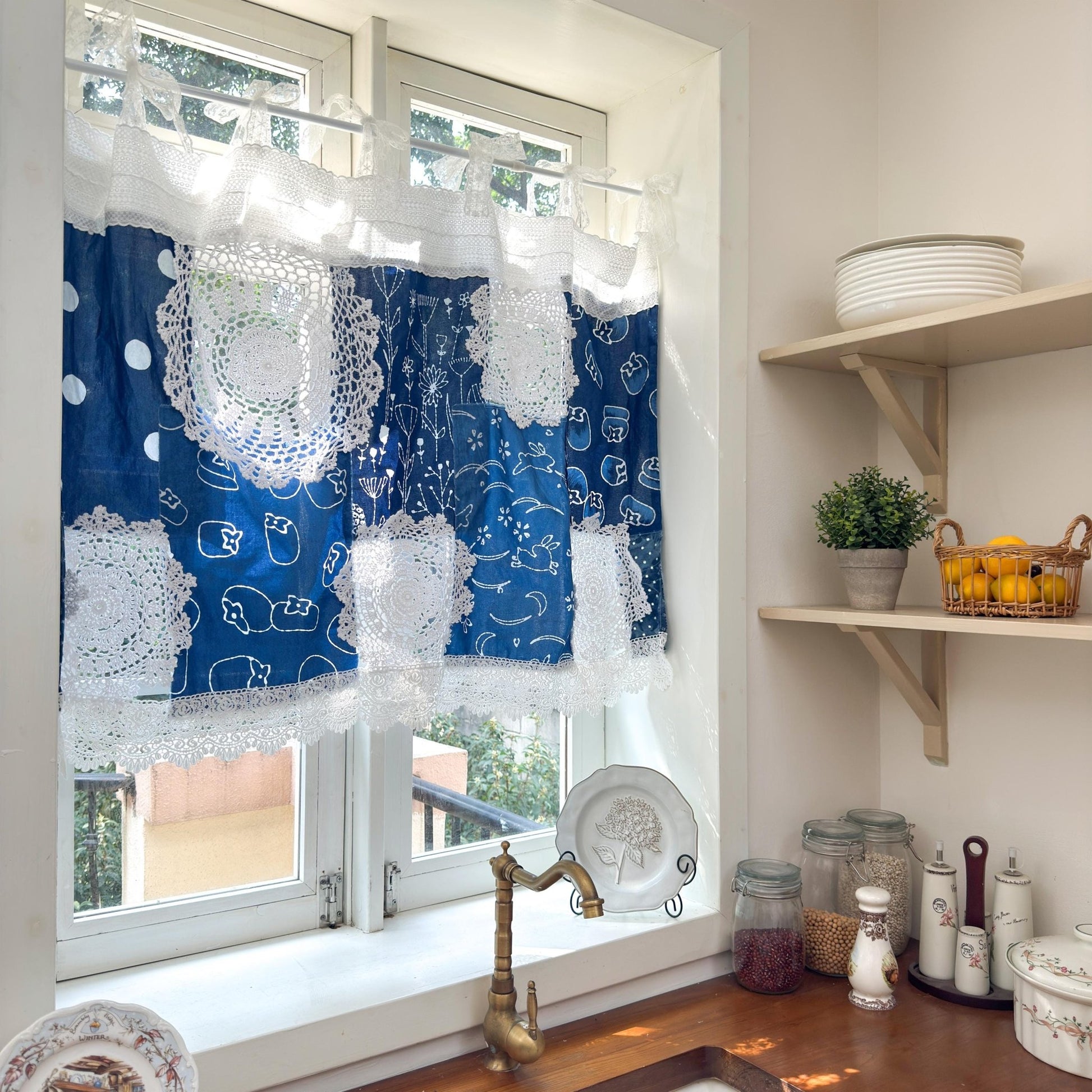 Shabby Chic Tie - dye Blue White Patchwork Lace Curtain - UDreamHome