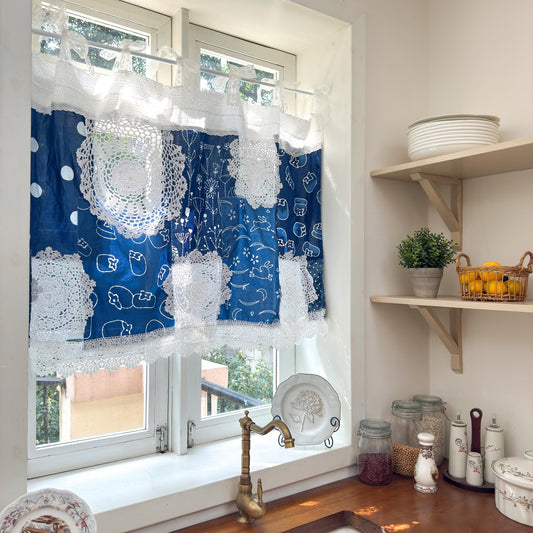 Shabby Chic Tie - dye Blue White Patchwork Lace Curtain - UDreamHome
