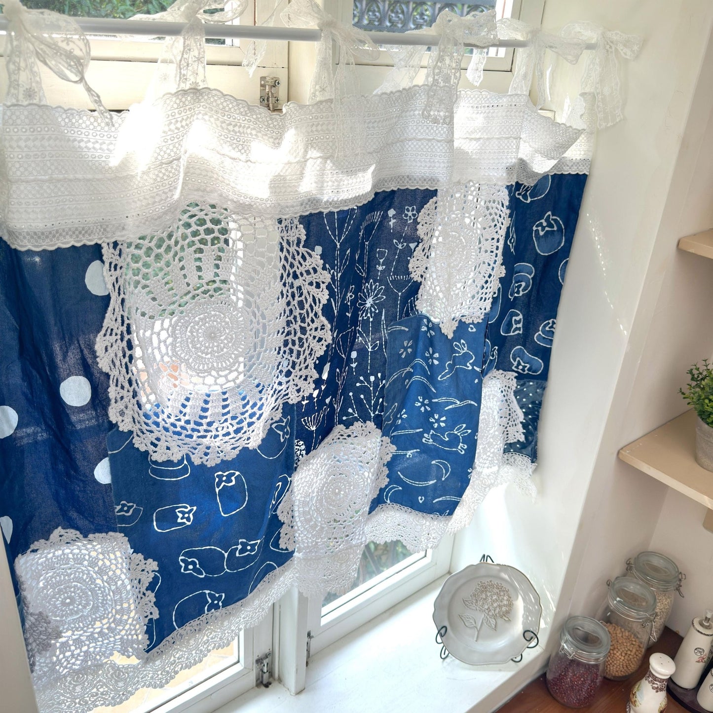 Shabby Chic Tie - dye Blue White Patchwork Lace Curtain - UDreamHome