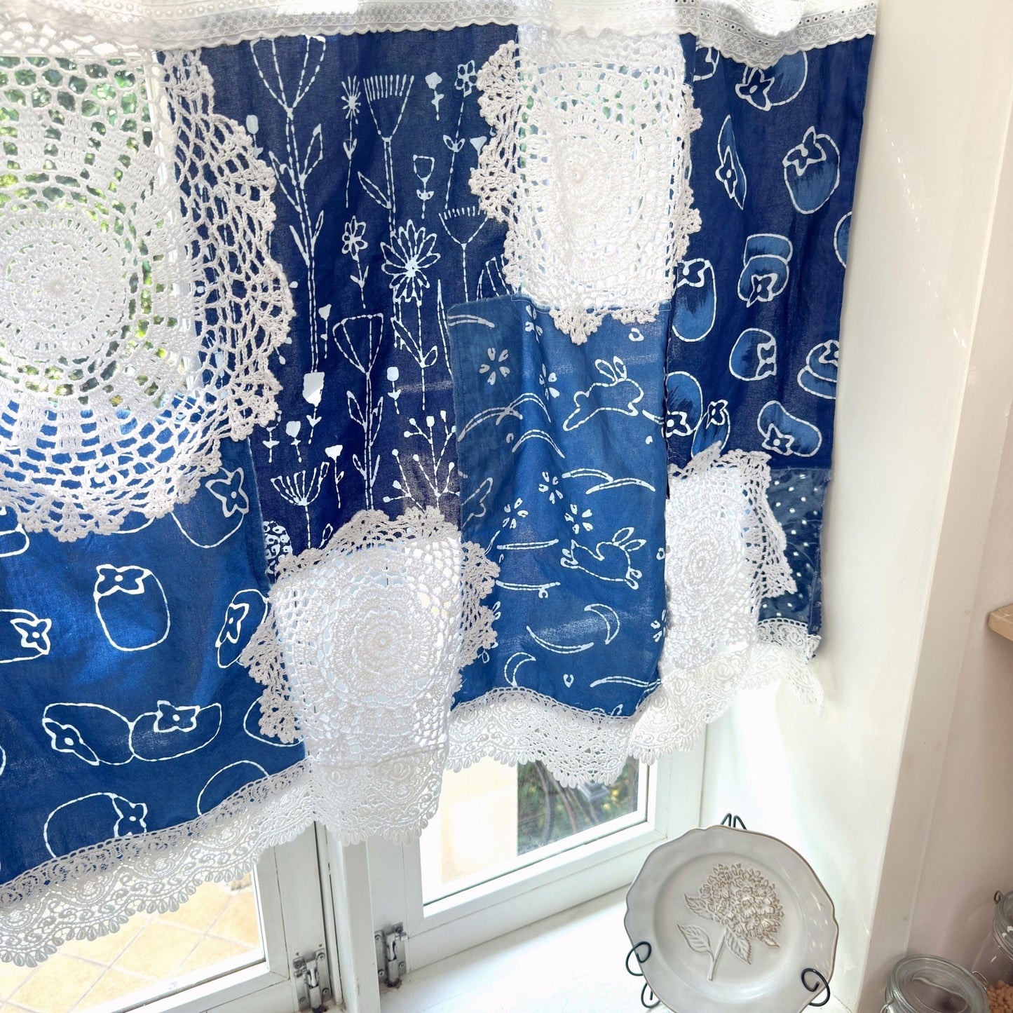 Shabby Chic Tie - dye Blue White Patchwork Lace Curtain - UDreamHome