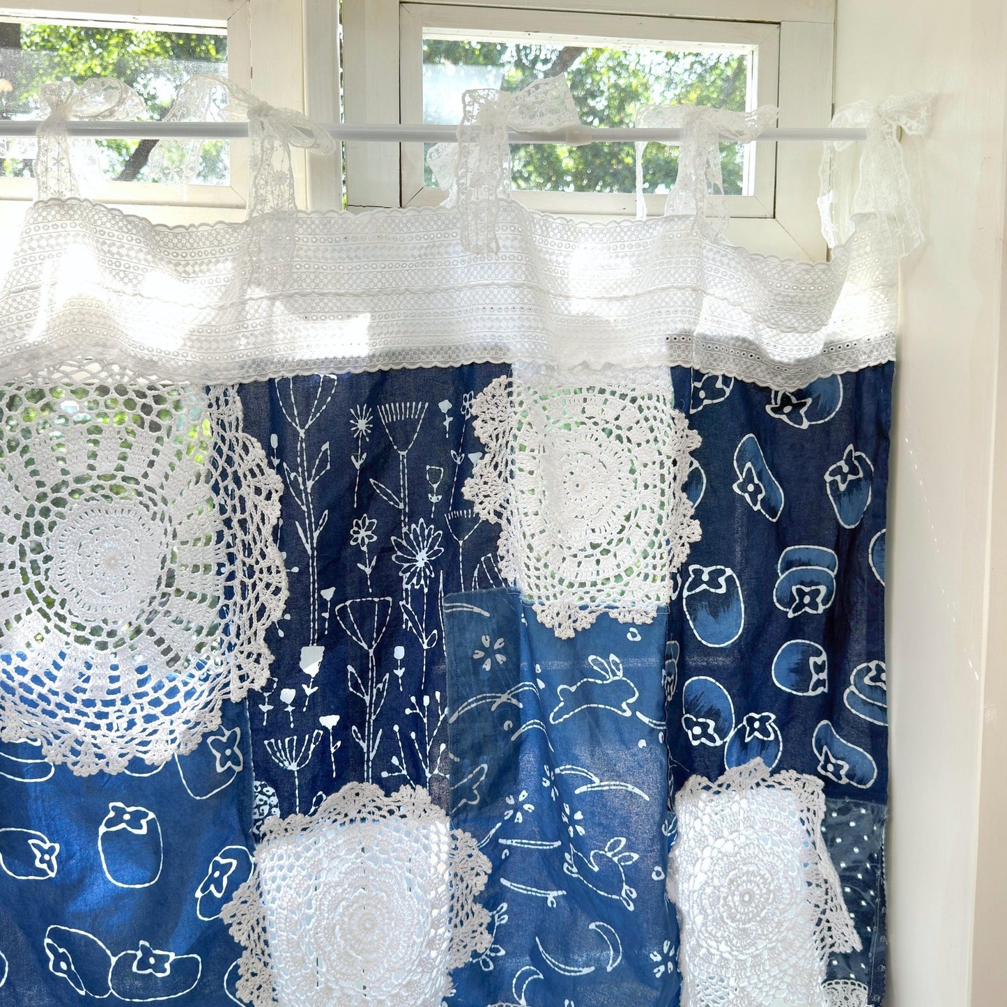 Shabby Chic Tie - dye Blue White Patchwork Lace Curtain - UDreamHome