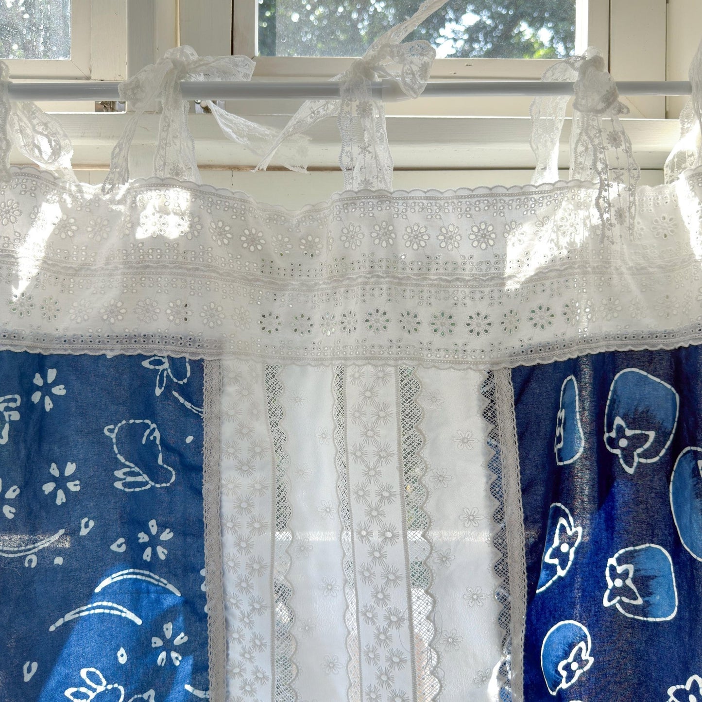 Tie - dye Blue White Embroidery Floral Lace Curtain Valance - UDreamHome