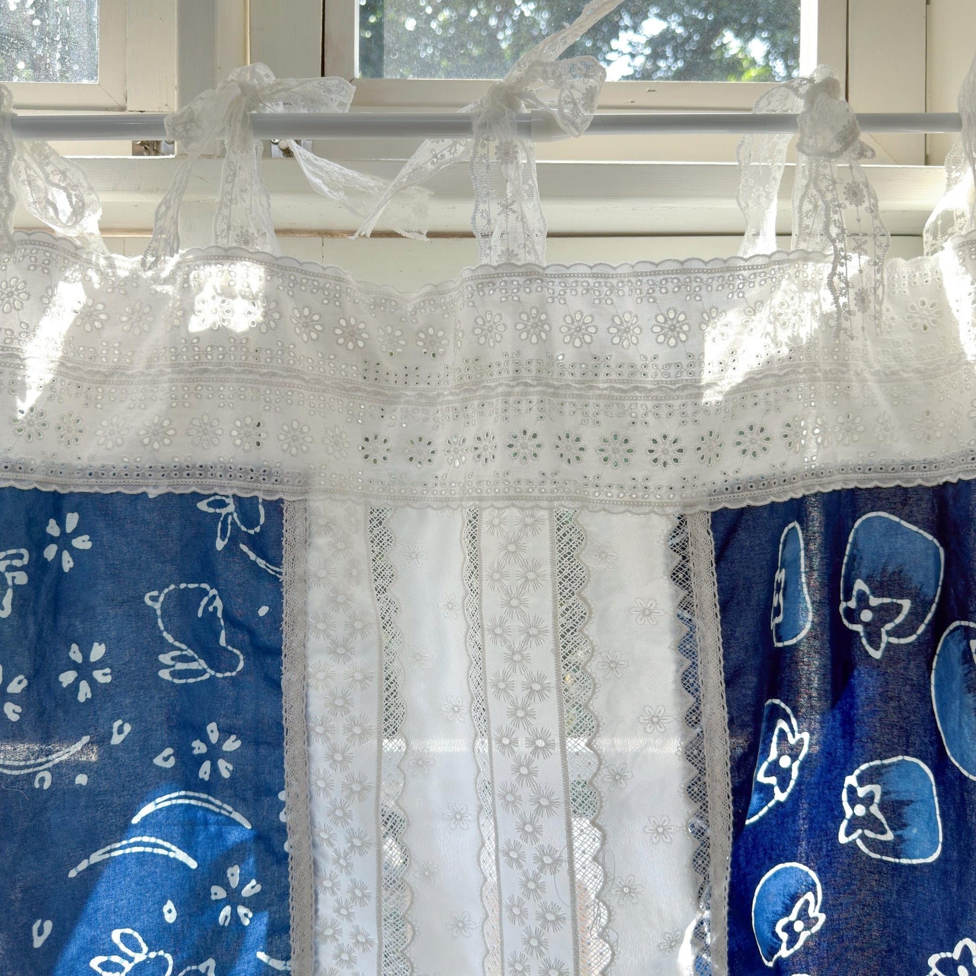 Tie - dye Blue White Embroidery Floral Lace Curtain Valance - UDreamHome