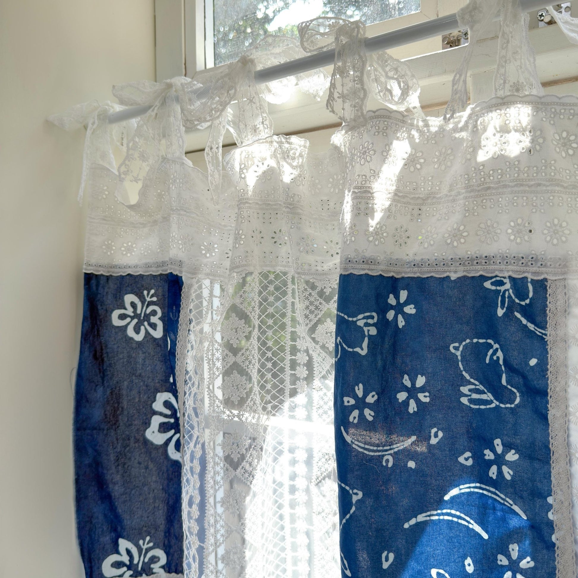 Tie - dye Blue White Embroidery Floral Lace Curtain Valance - UDreamHome