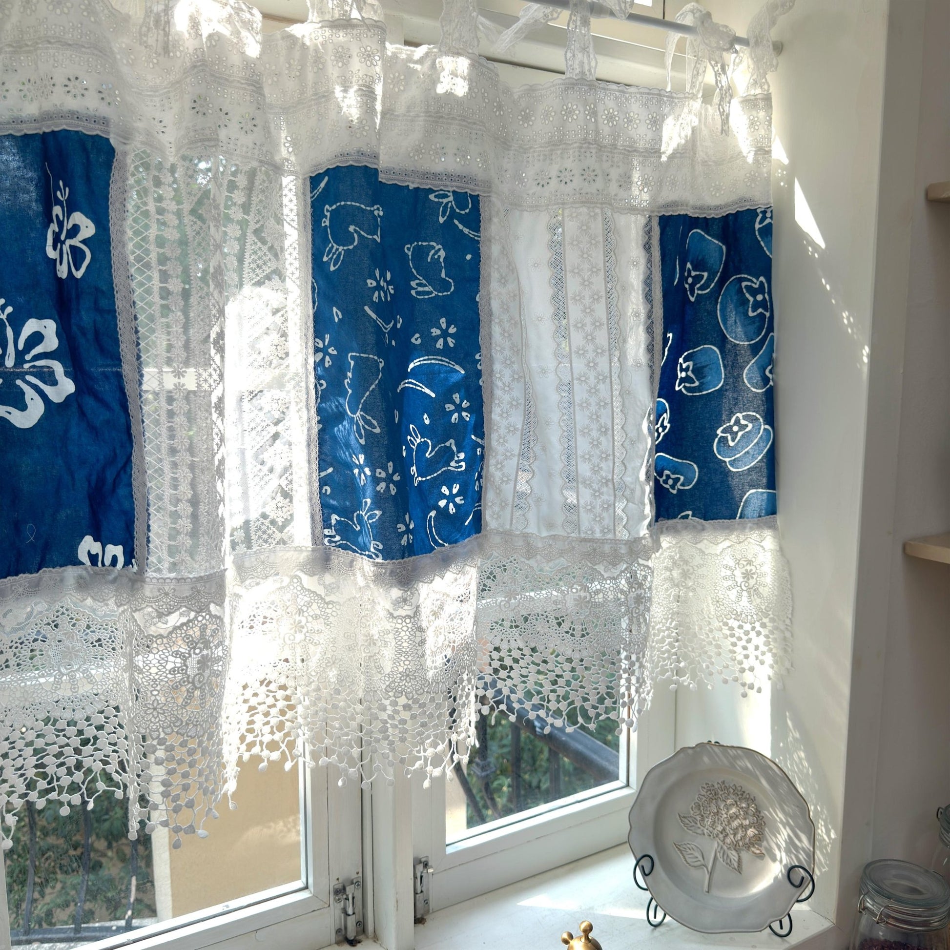 Tie - dye Blue White Embroidery Floral Lace Curtain Valance - UDreamHome