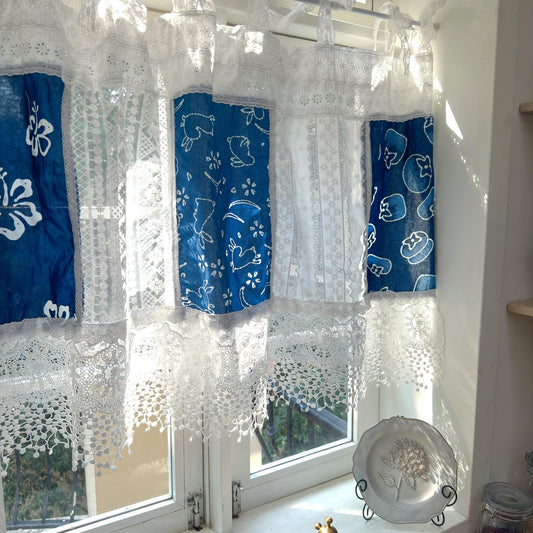 Tie - dye Blue White Embroidery Floral Lace Curtain Valance - UDreamHome